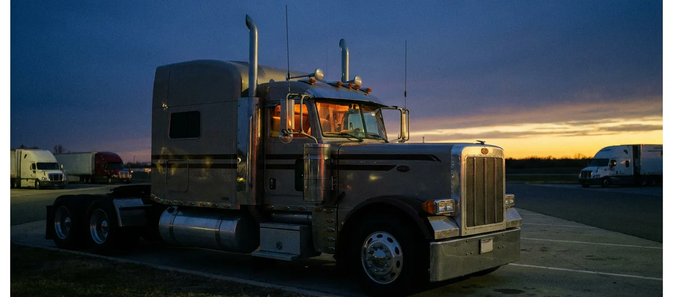 A motorcoach on an open highway at dusk, chrome catching the last amber light